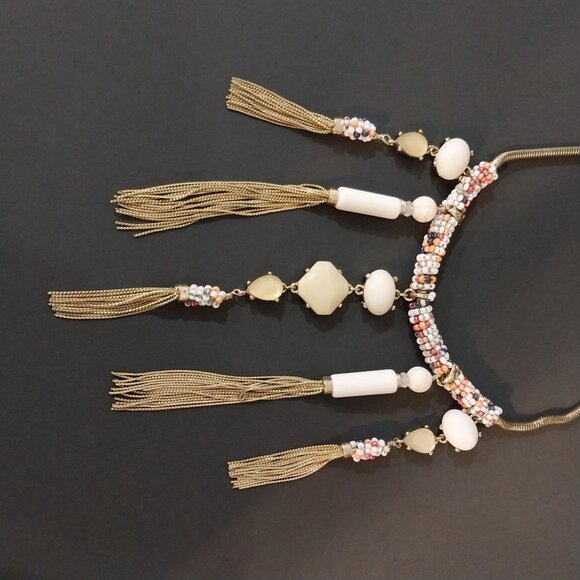 CHICO'S Seed Bead Gold Fringe Tassel Statement Necklace - Picture 4 of 5